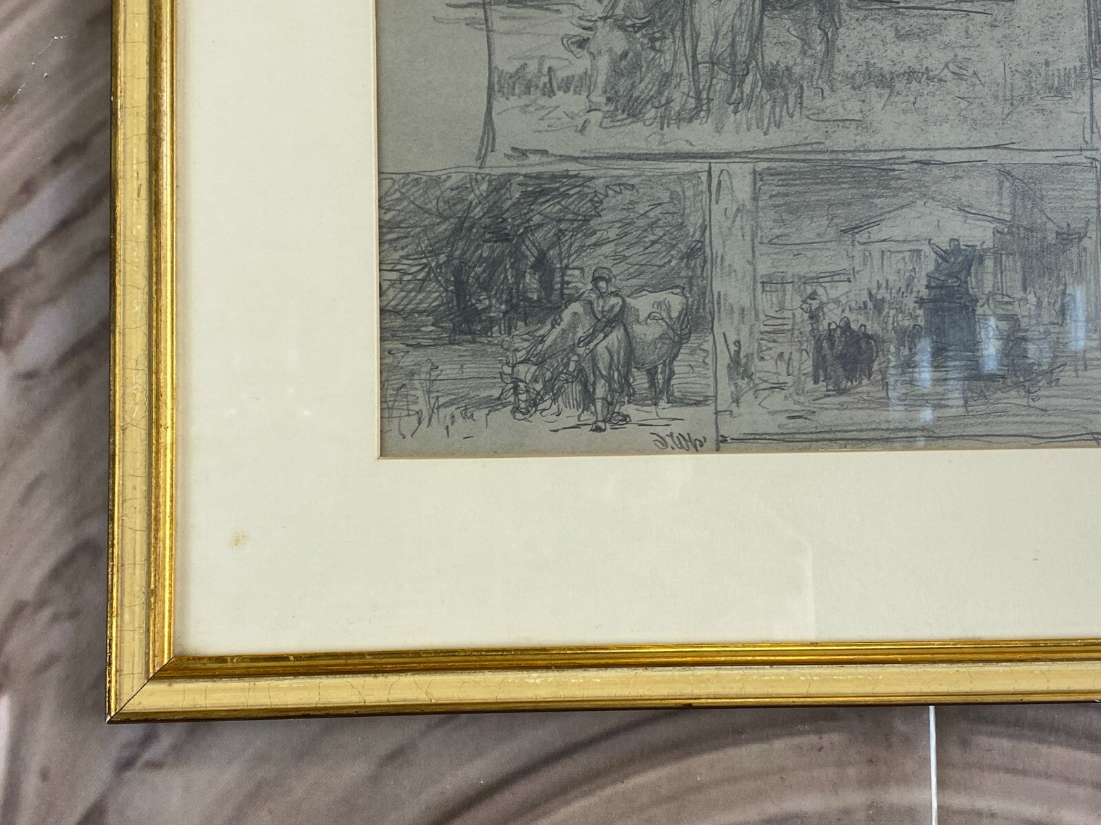 Kohlestift Zeichnung gerahmt Frau Personen Kuh Josef Wopfner (1843-1927)