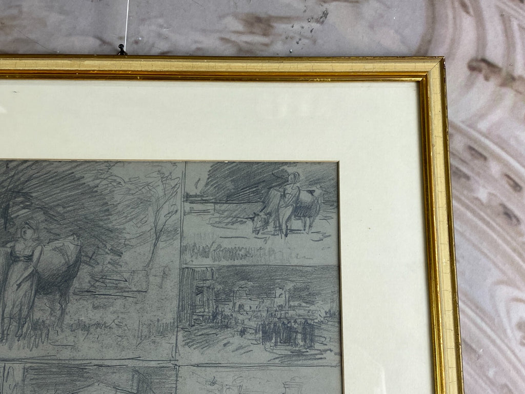 Kohlestift Zeichnung gerahmt Frau Personen Kuh Josef Wopfner (1843-1927)