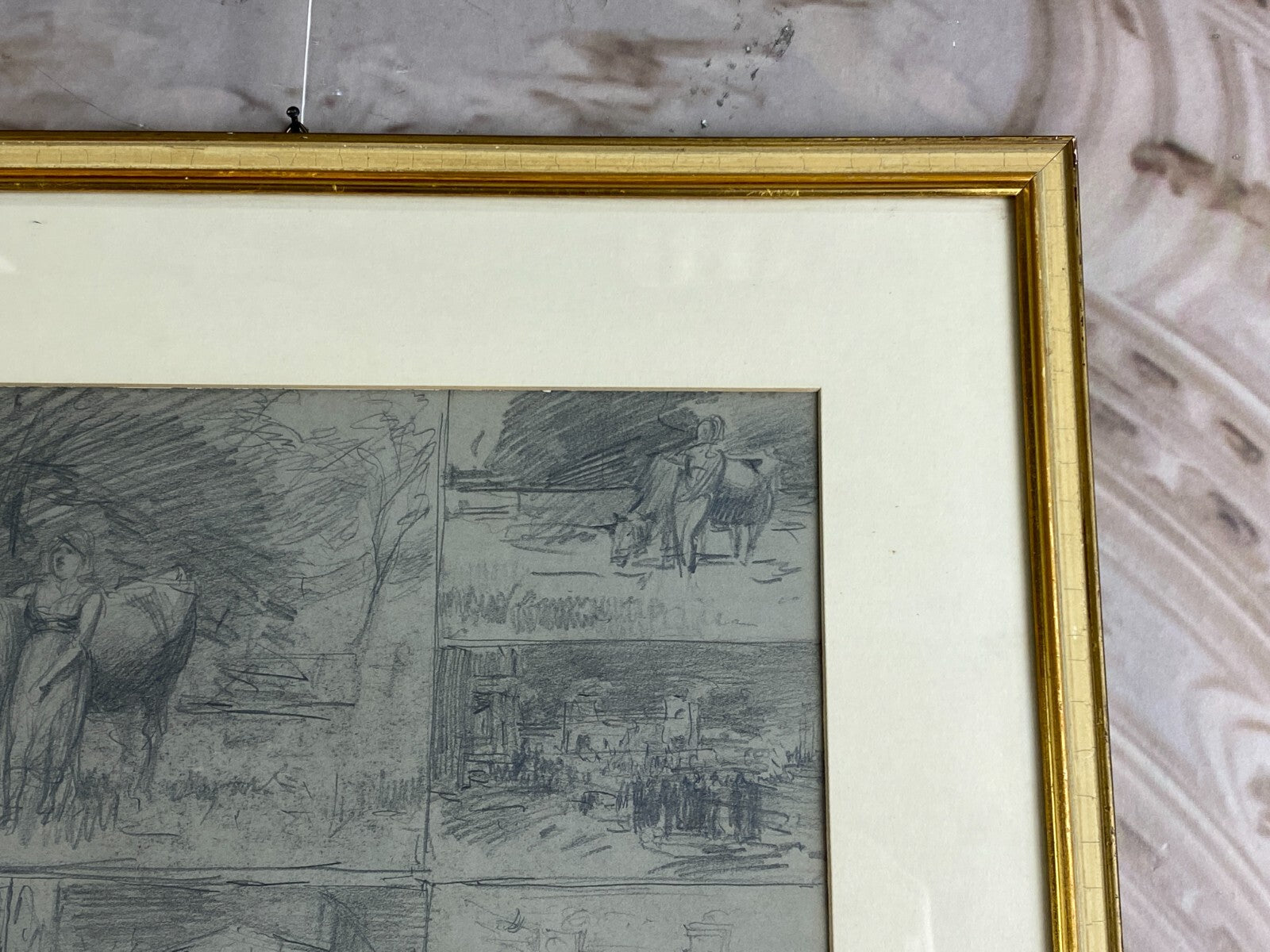 Kohlestift Zeichnung gerahmt Frau Personen Kuh Josef Wopfner (1843-1927)