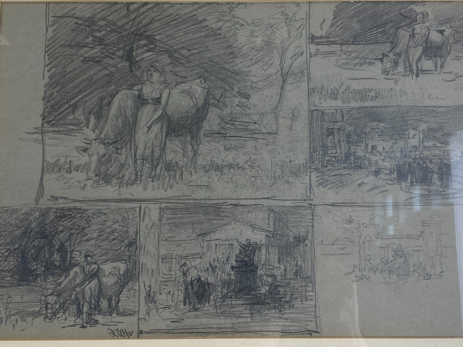 Kohlestift Zeichnung gerahmt Frau Personen Kuh Josef Wopfner (1843-1927)