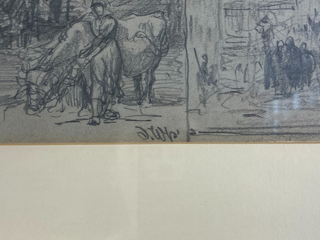 Kohlestift Zeichnung gerahmt Frau Personen Kuh Josef Wopfner (1843-1927)