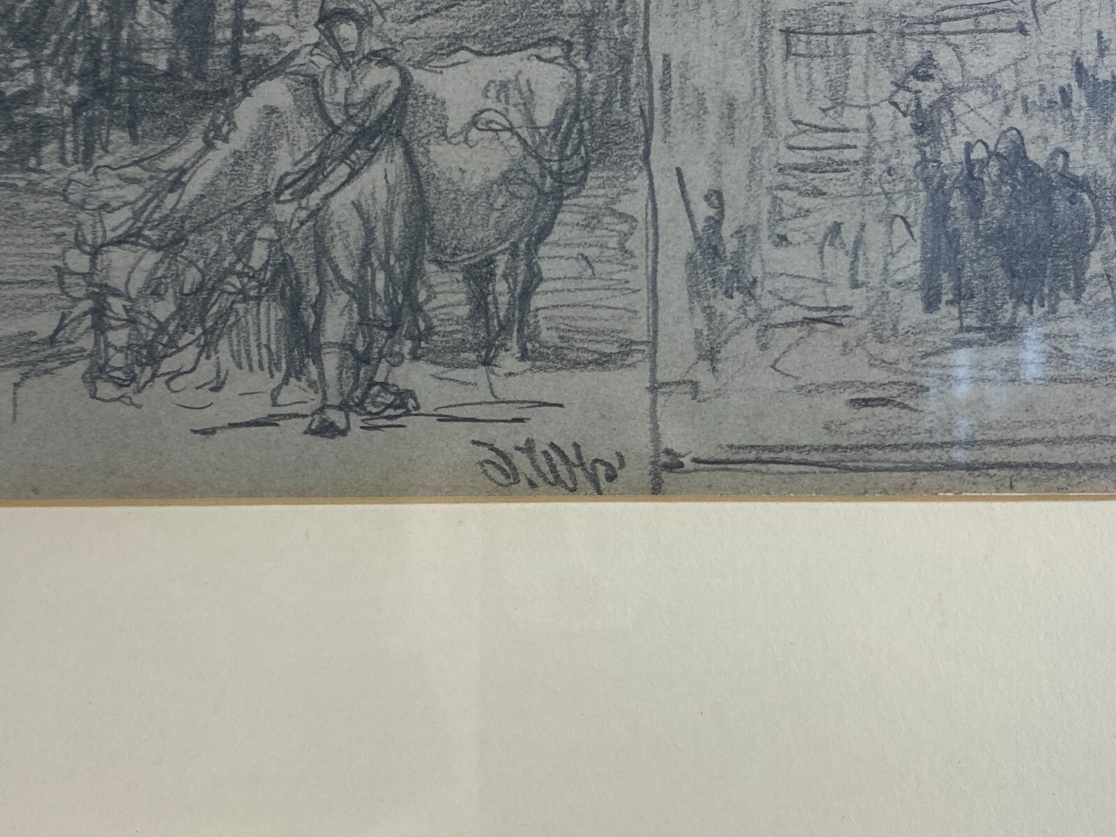 Kohlestift Zeichnung gerahmt Frau Personen Kuh Josef Wopfner (1843-1927)