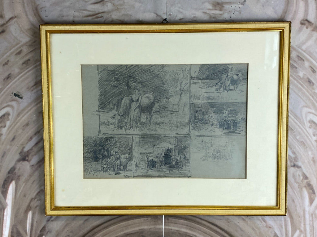 KOHLESTIFT ZEICHNUNG GERAHMT FRAU PERSONEN KUH JOSEF WOPFNER (1843-1927)