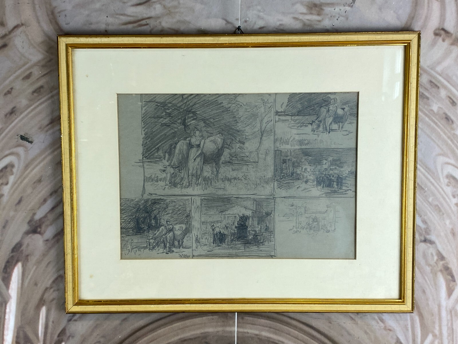 KOHLESTIFT ZEICHNUNG GERAHMT FRAU PERSONEN KUH JOSEF WOPFNER (1843-1927)
