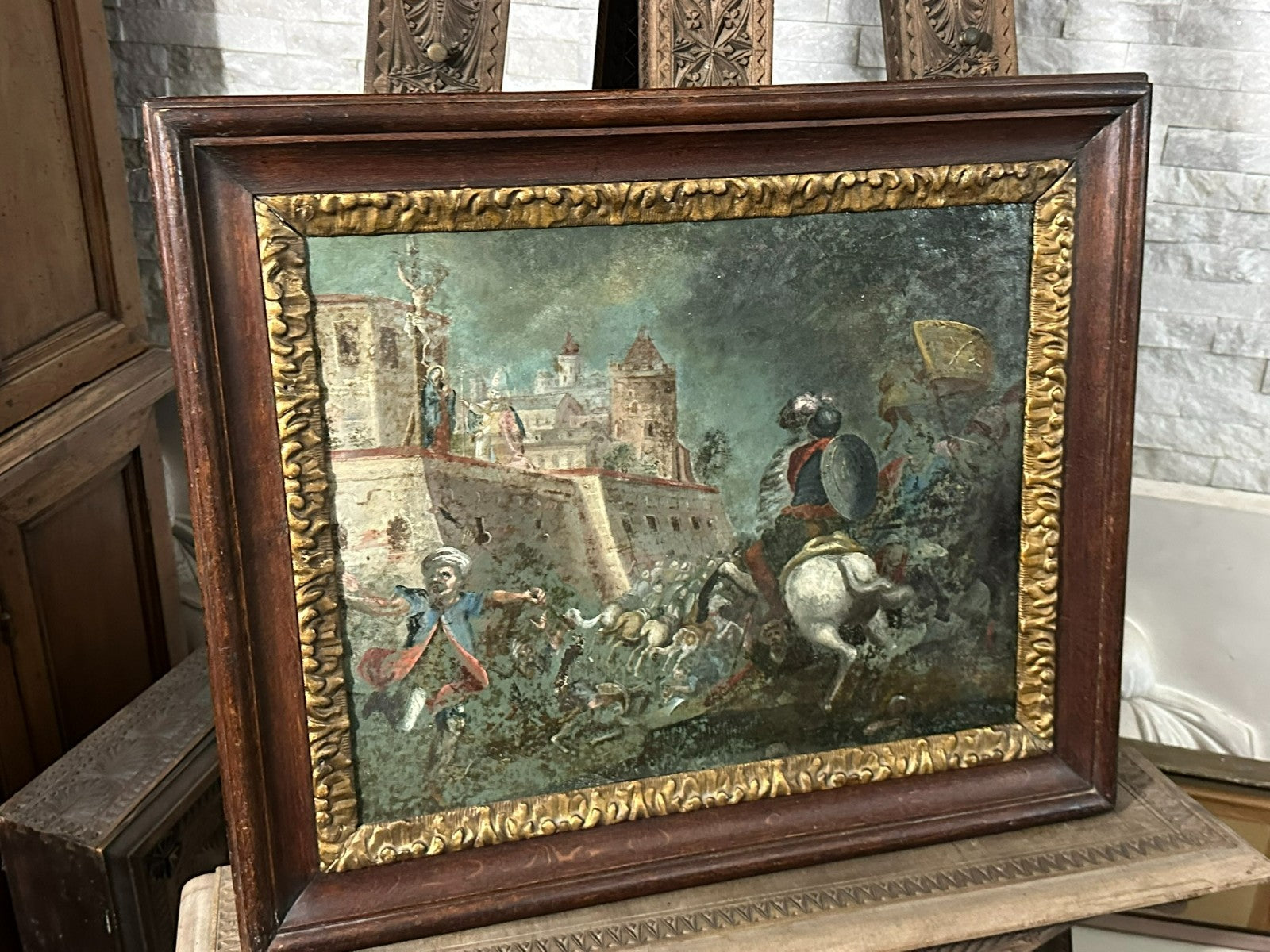 Antikes Ölgemälde um 1620 Schlachtszene Osmanen Schmerzhafte Mutter Maria
