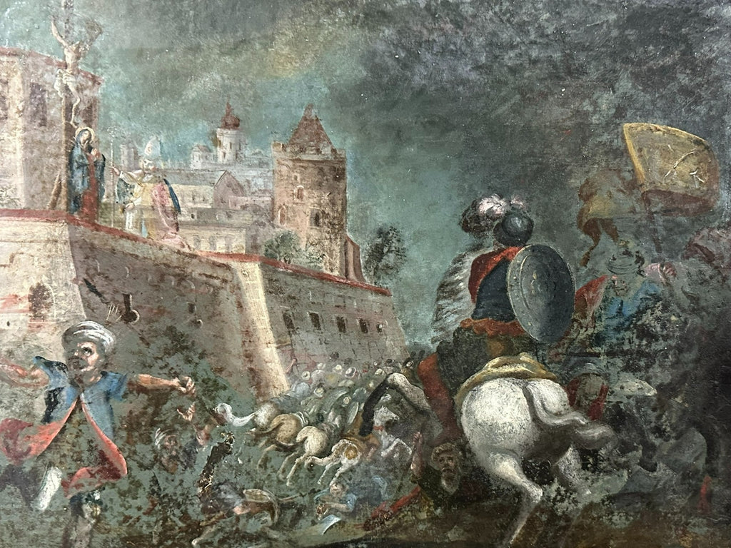 Antikes Ölgemälde um 1620 Schlachtszene Osmanen Schmerzhafte Mutter Maria