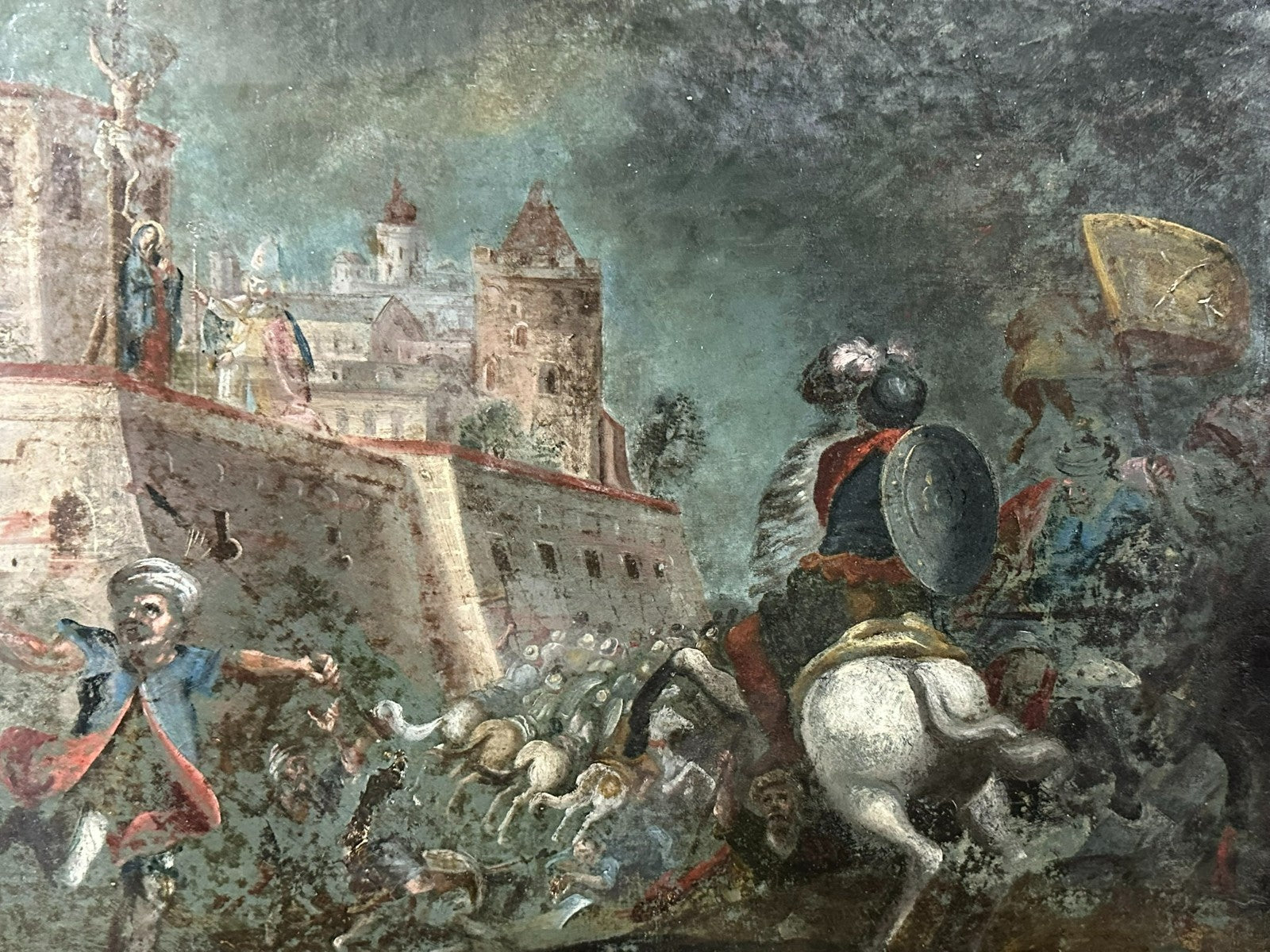 Antikes Ölgemälde um 1620 Schlachtszene Osmanen Schmerzhafte Mutter Maria