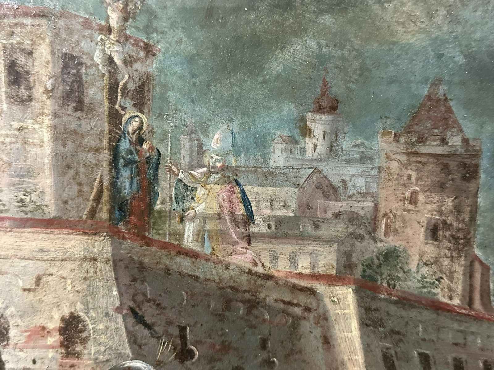 Antikes Ölgemälde um 1620 Schlachtszene Osmanen Schmerzhafte Mutter Maria