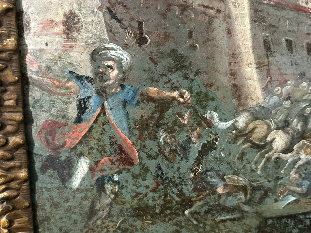 Antikes Ölgemälde um 1620 Schlachtszene Osmanen Schmerzhafte Mutter Maria