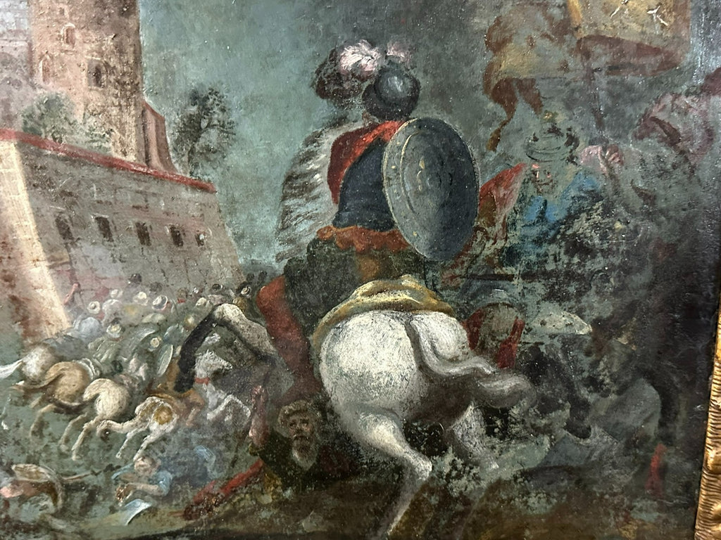 Antikes Ölgemälde um 1620 Schlachtszene Osmanen Schmerzhafte Mutter Maria
