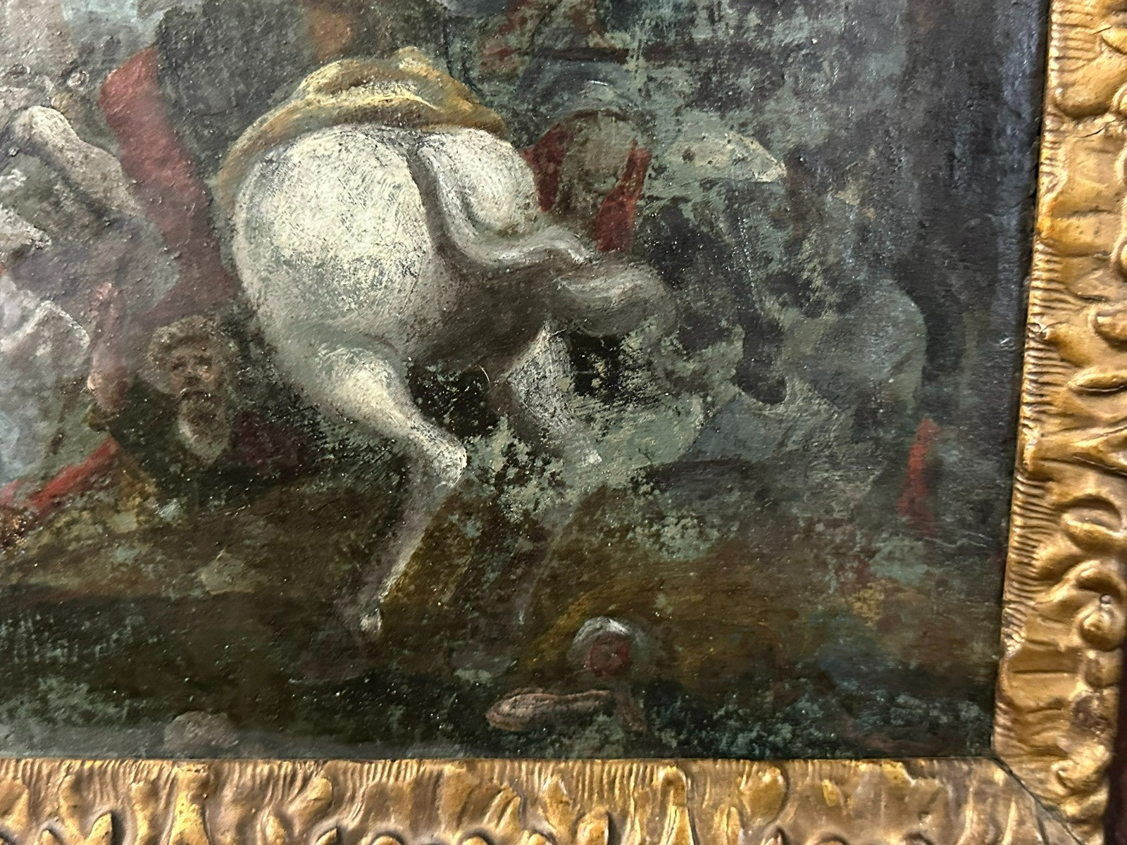 Antikes Ölgemälde um 1620 Schlachtszene Osmanen Schmerzhafte Mutter Maria