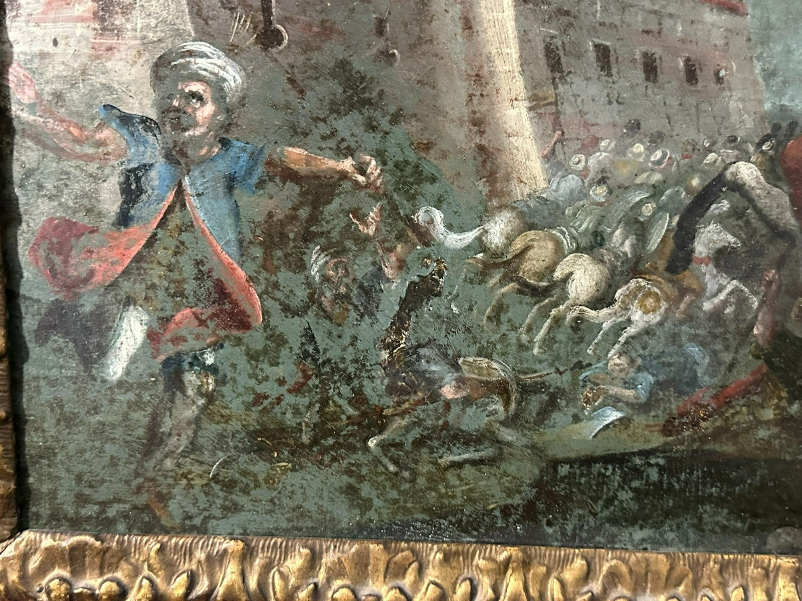 Antikes Ölgemälde um 1620 Schlachtszene Osmanen Schmerzhafte Mutter Maria