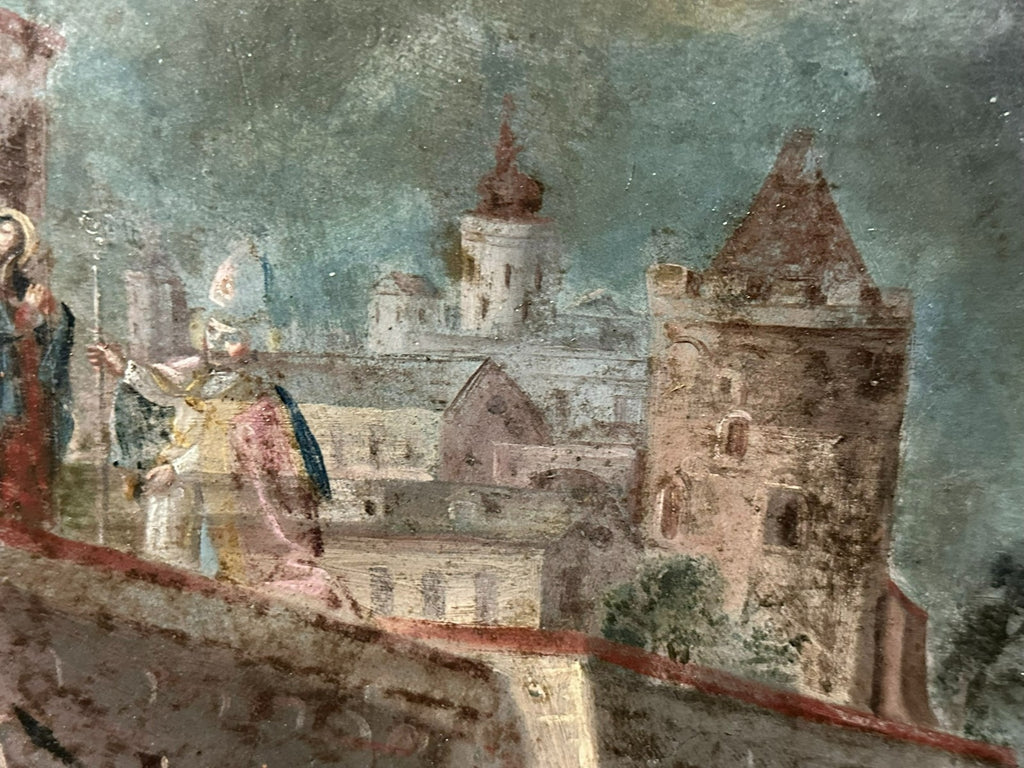 Antikes Ölgemälde um 1620 Schlachtszene Osmanen Schmerzhafte Mutter Maria