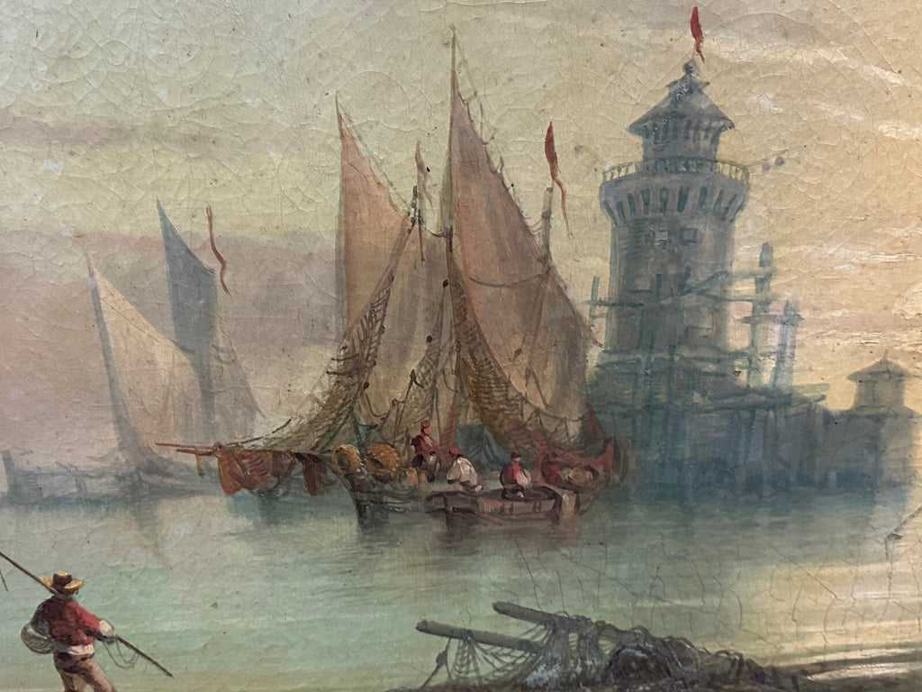 Monumentales Ölgemälde Prunkrahmen Schiff im Hafen mit Personen Staffage 168x119