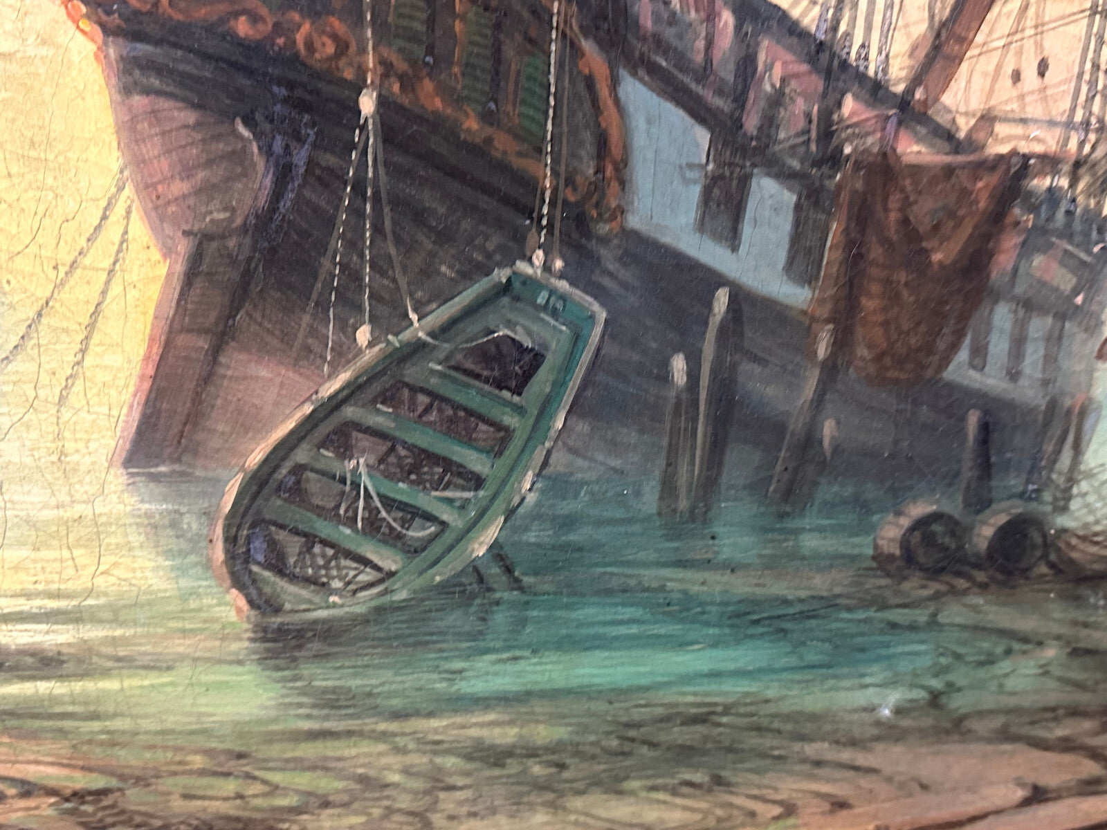 Monumentales Ölgemälde Prunkrahmen Schiff im Hafen mit Personen Staffage 168x119