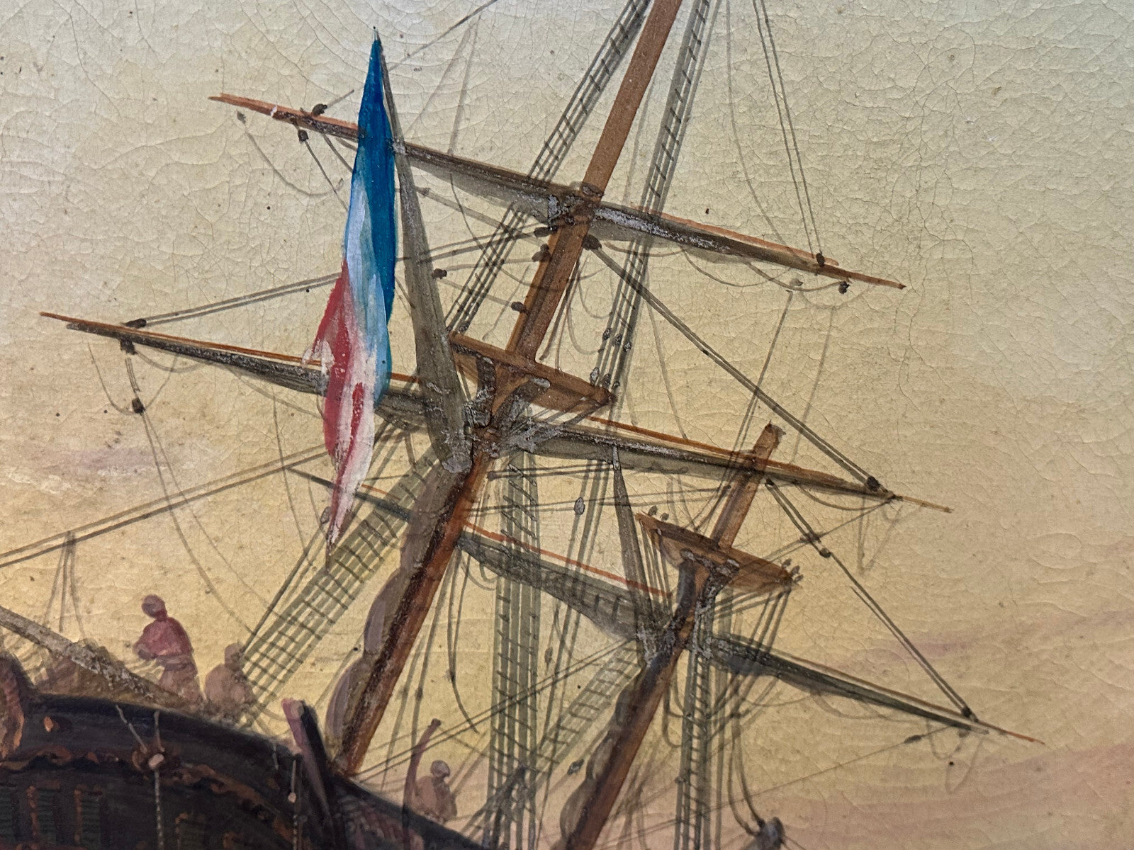 Monumentales Ölgemälde Prunkrahmen Schiff im Hafen mit Personen Staffage 168x119