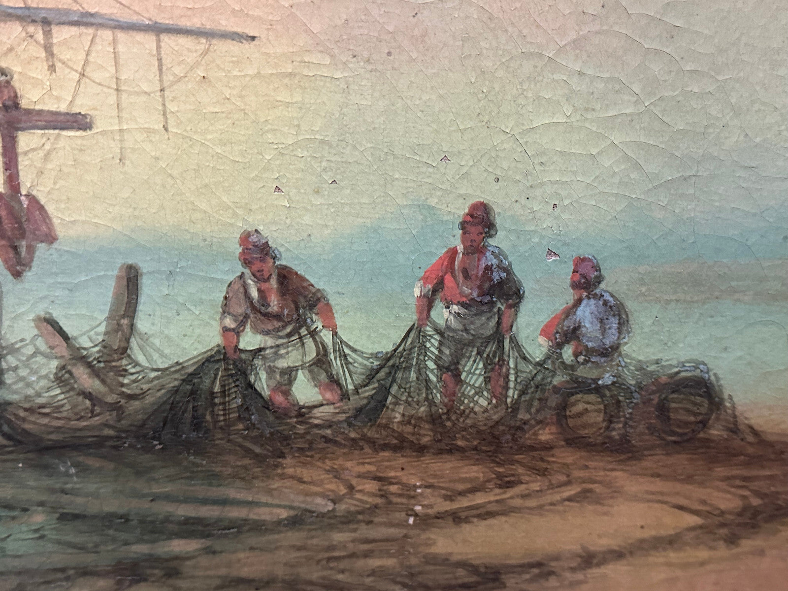Monumentales Ölgemälde Prunkrahmen Schiff im Hafen mit Personen Staffage 168x119