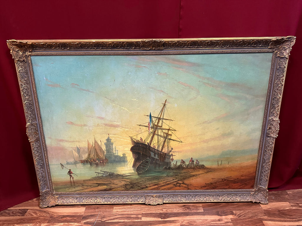 Monumentales Ölgemälde Prunkrahmen Schiff im Hafen mit Personen Staffage 168x119
