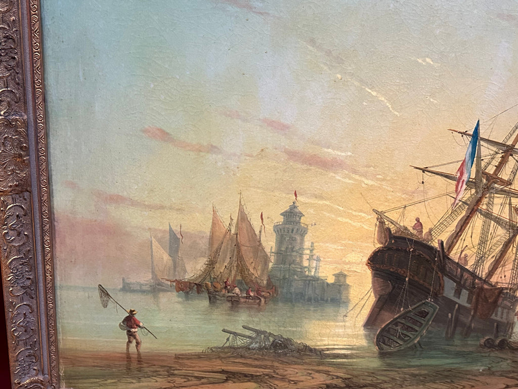 Monumentales Ölgemälde Prunkrahmen Schiff im Hafen mit Personen Staffage 168x119