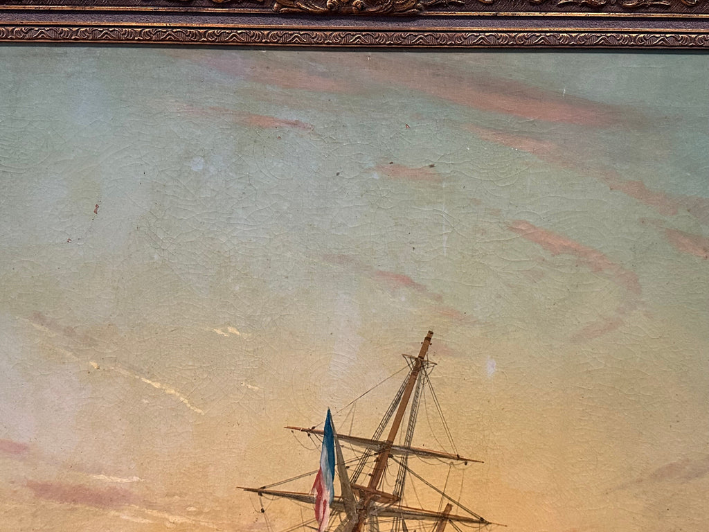 Monumentales Ölgemälde Prunkrahmen Schiff im Hafen mit Personen Staffage 168x119