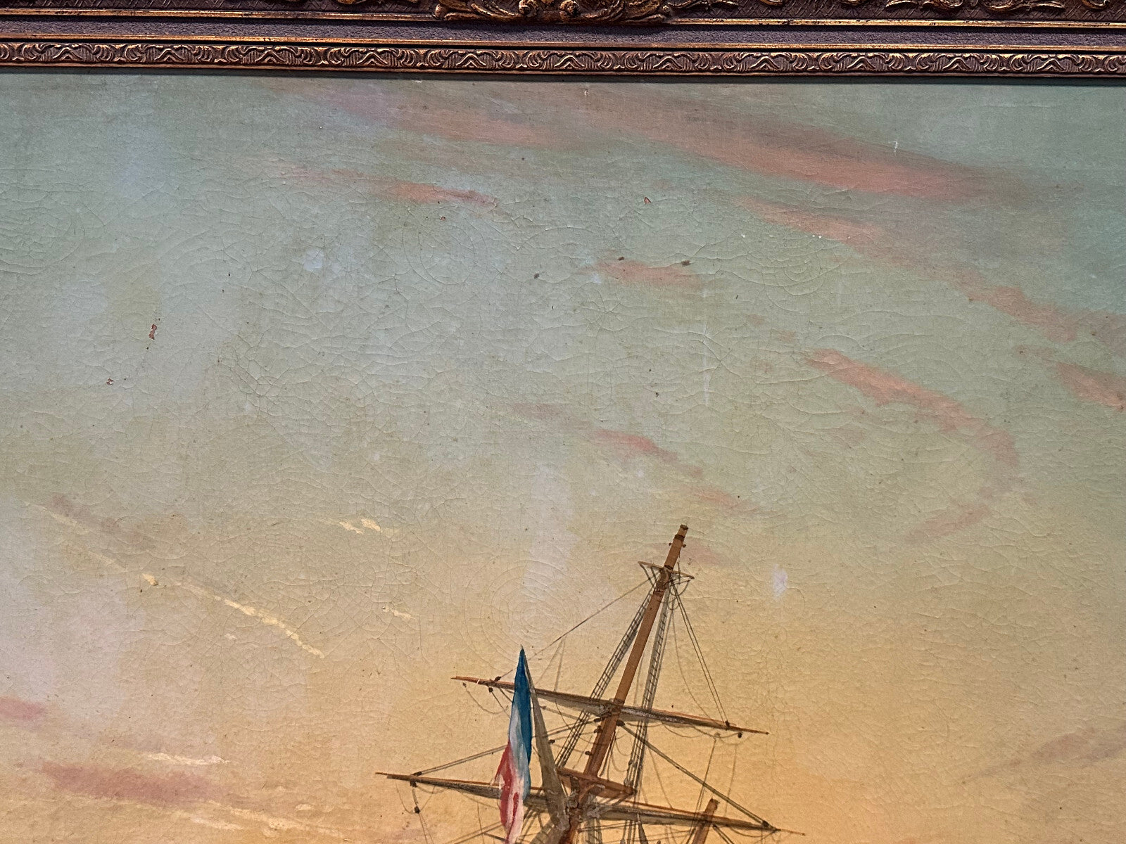 Monumentales Ölgemälde Prunkrahmen Schiff im Hafen mit Personen Staffage 168x119