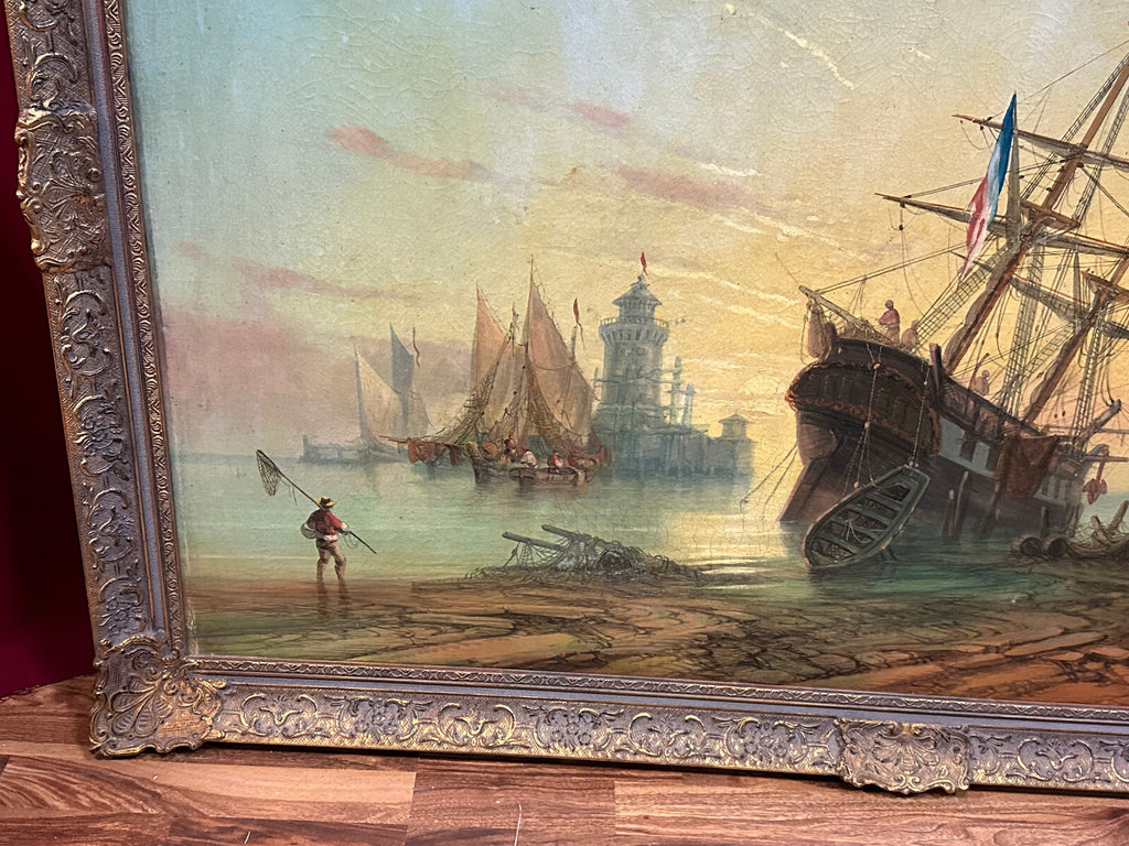 Monumentales Ölgemälde Prunkrahmen Schiff im Hafen mit Personen Staffage 168x119