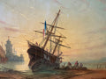 MONUMENTALES ÖLGEMÄLDE PRUNKRAHMEN SCHIFF IM HAFEN MIT PERSONEN STAFFAGE 168x119