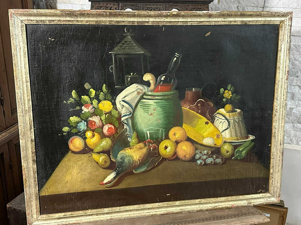 Altes Ölgemälde Stillleben mit Blumen und Obst