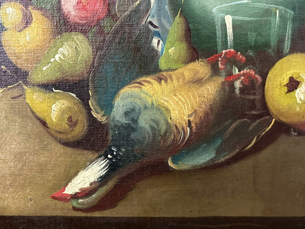 Altes Ölgemälde Stillleben mit Blumen und Obst