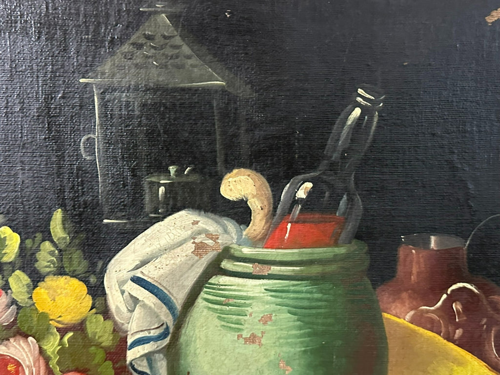 Altes Ölgemälde Stillleben mit Blumen und Obst