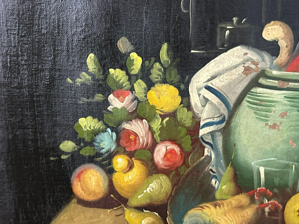Altes Ölgemälde Stillleben mit Blumen und Obst
