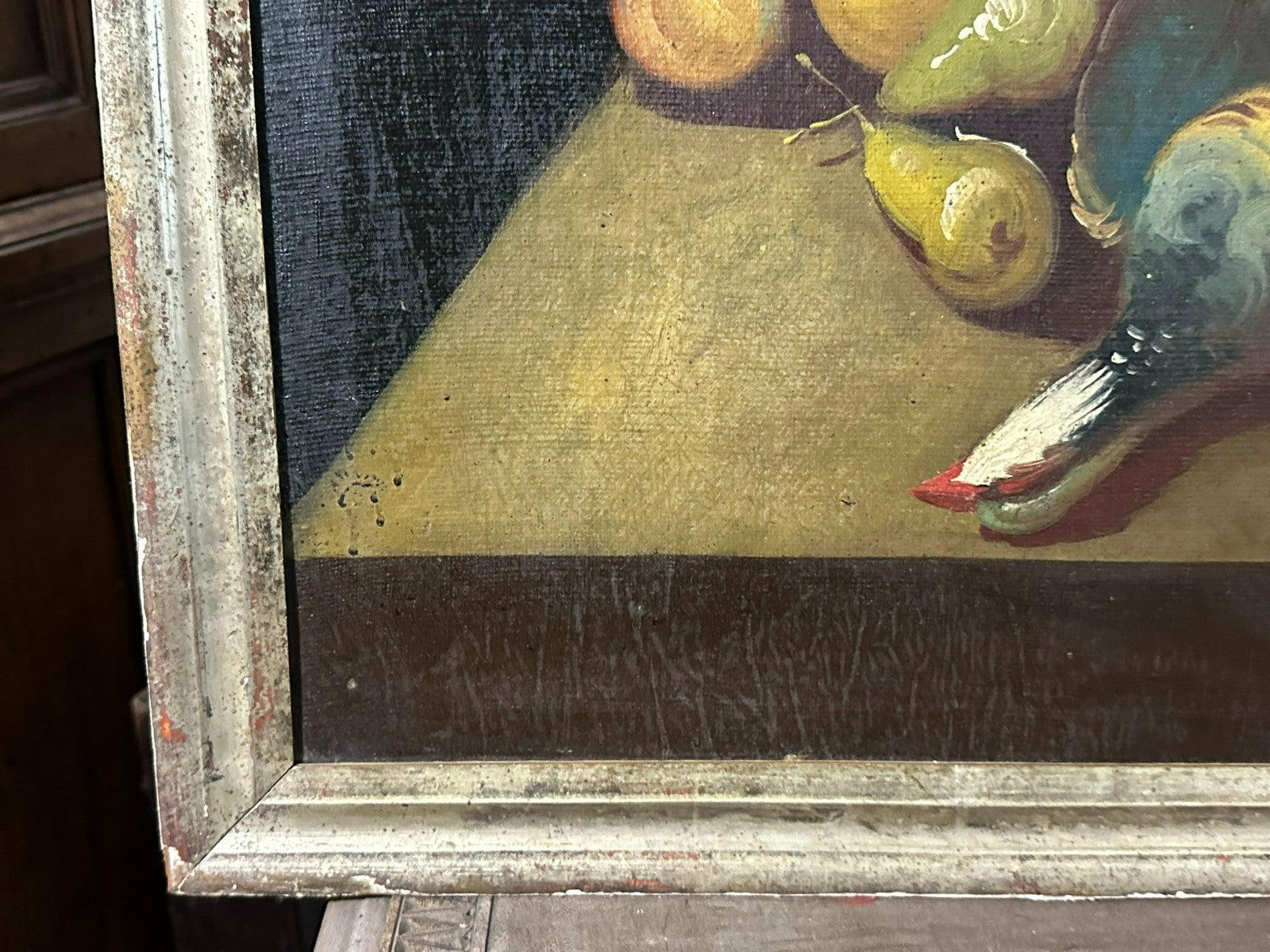 Altes Ölgemälde Stillleben mit Blumen und Obst