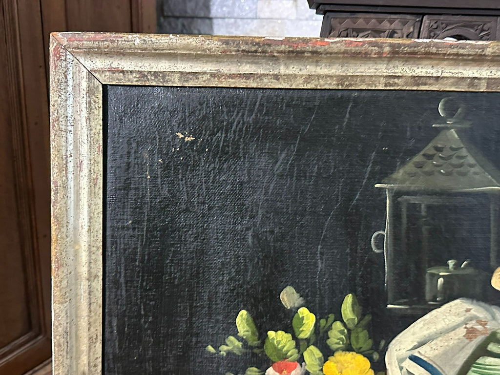 Altes Ölgemälde Stillleben mit Blumen und Obst