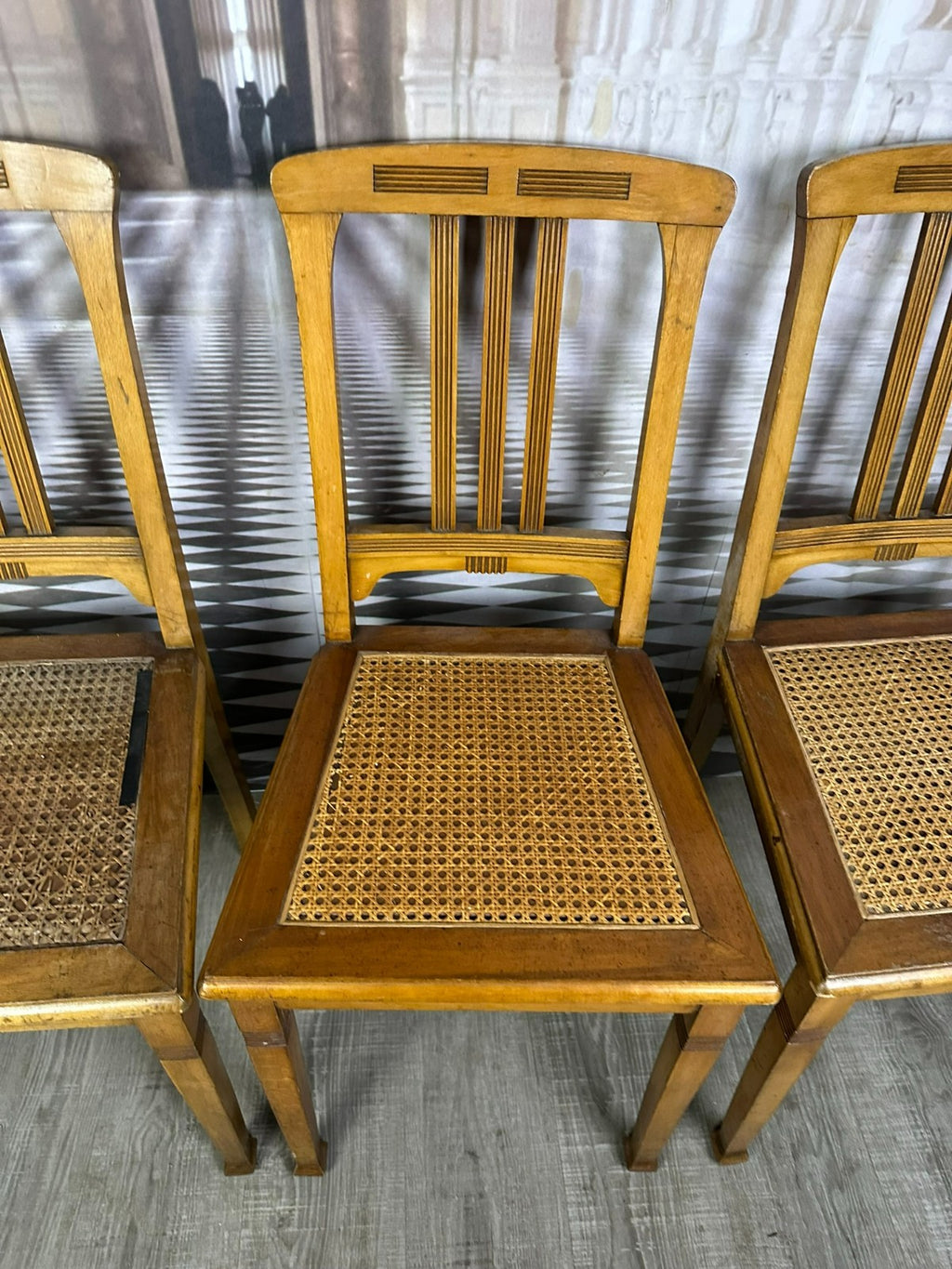 Set 5x antiker Jugendstil Stuhl um 1900 Rattan Geflecht