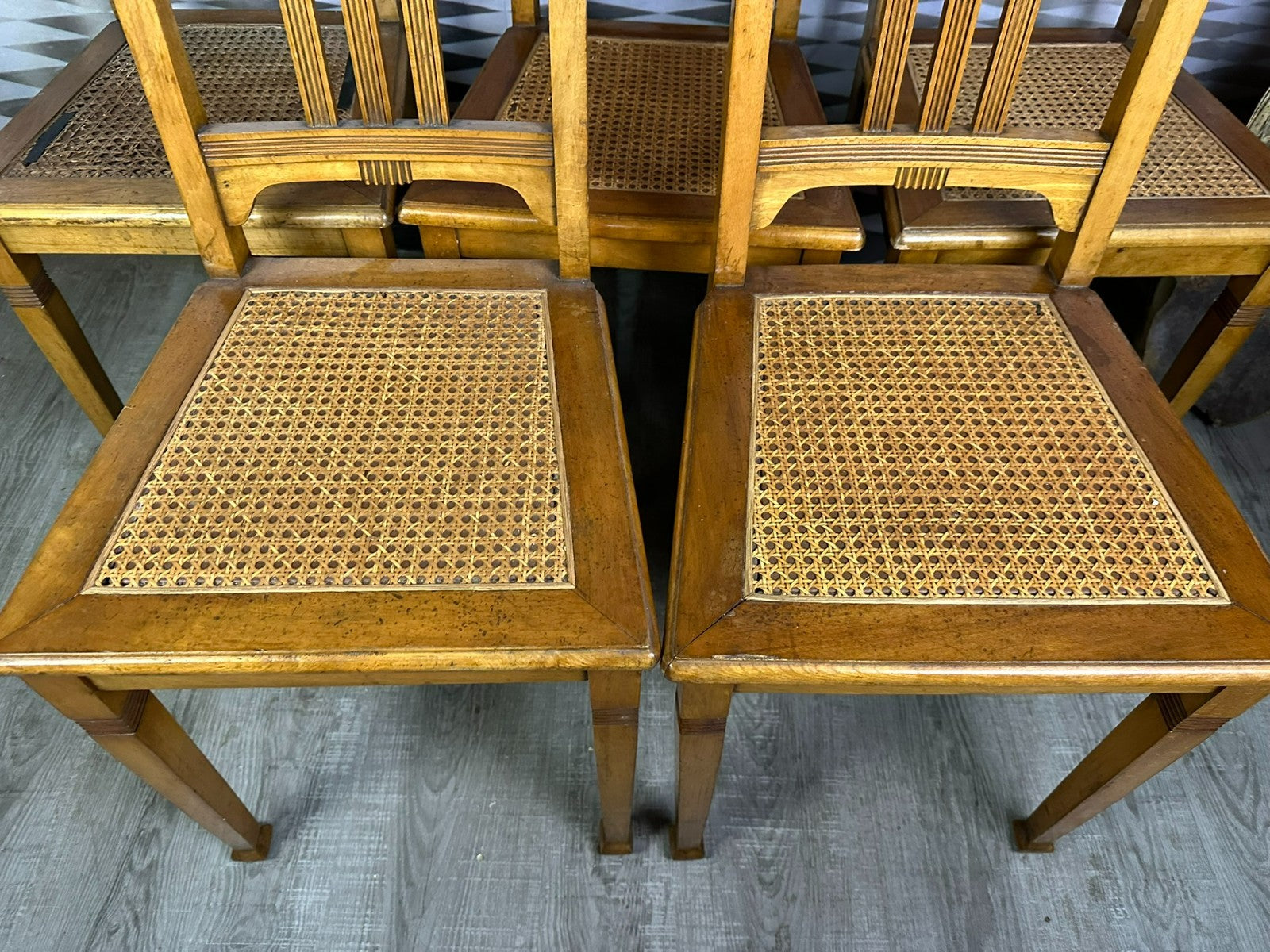 Set 5x antiker Jugendstil Stuhl um 1900 Rattan Geflecht