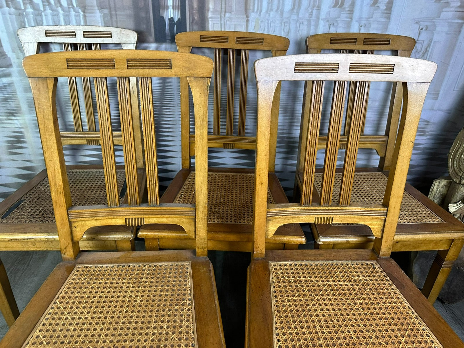 Set 5x antiker Jugendstil Stuhl um 1900 Rattan Geflecht