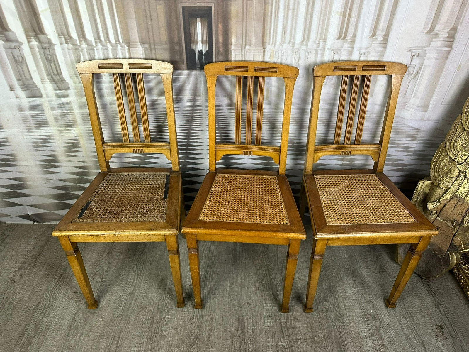 Set 5x antiker Jugendstil Stuhl um 1900 Rattan Geflecht