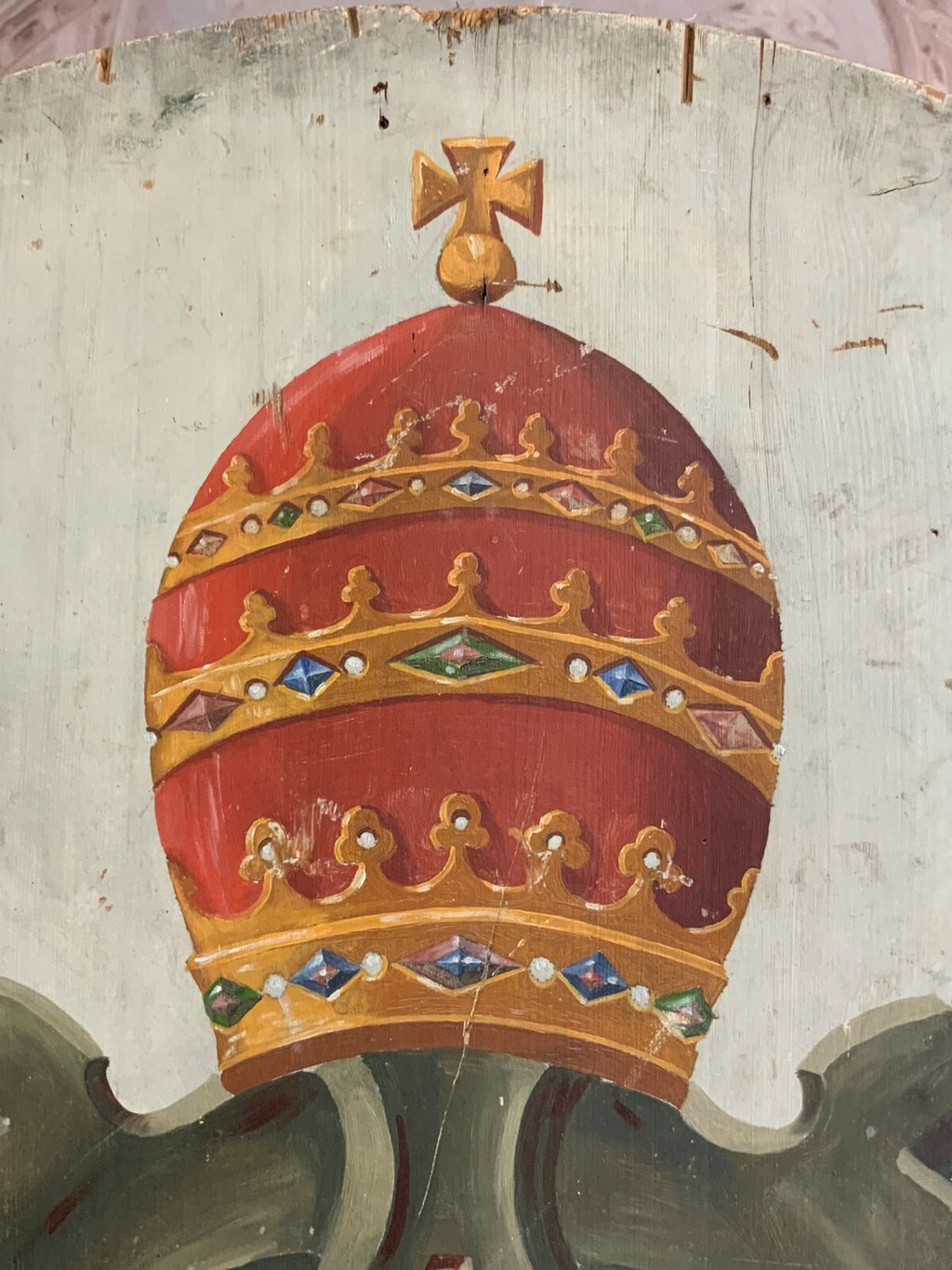 Vatikan Wappen Öl auf Holz antik um 1800 120cm Museal Papstwappen