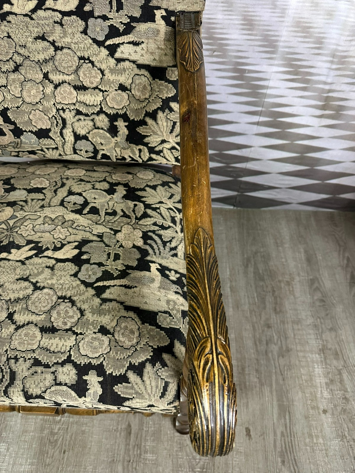 Antiker Barock Sessel Eiche und Gobelin Bezug 18 tes Jhdt