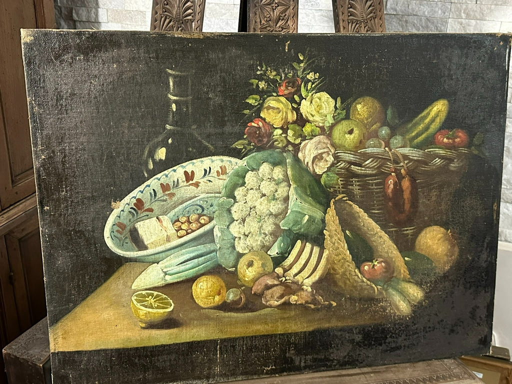 Antikes Ölgemälde Stillleben mit Blumen und Obst