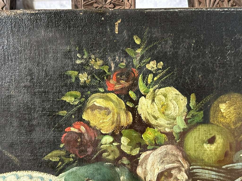 Antikes Ölgemälde Stillleben mit Blumen und Obst