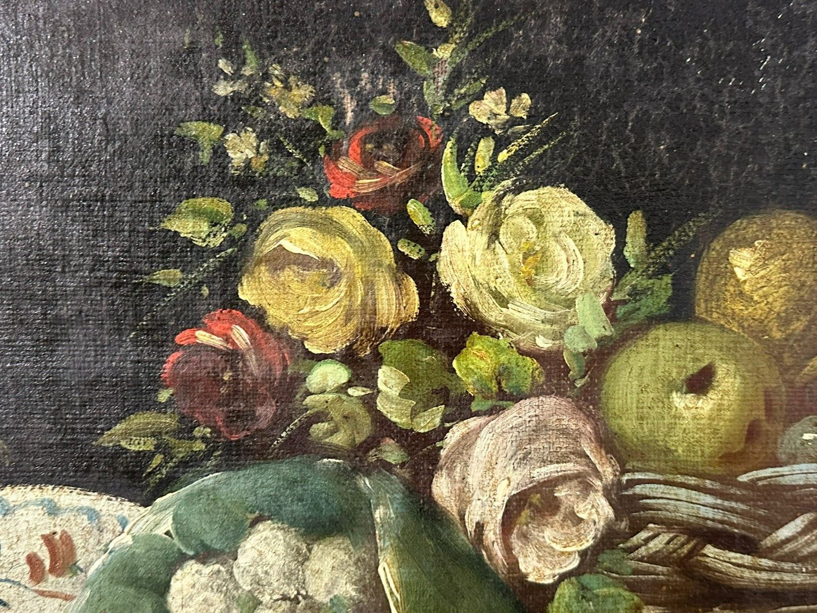 Antikes Ölgemälde Stillleben mit Blumen und Obst