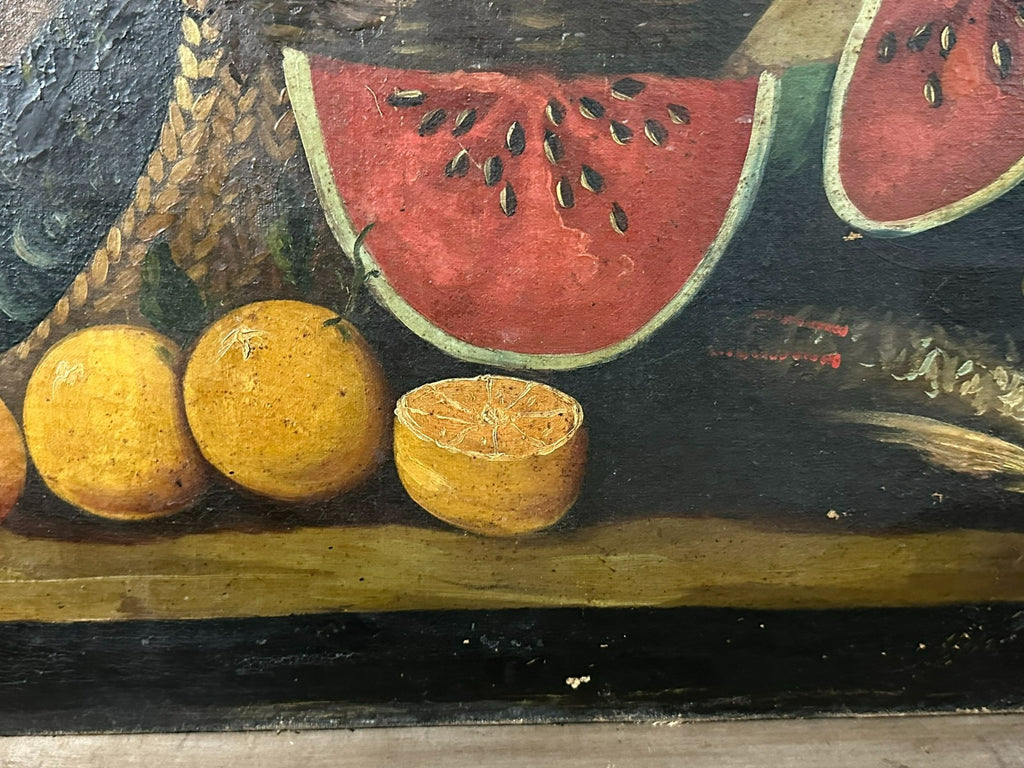 Antikes Ölgemälde Stillleben mit Vogel und Obst