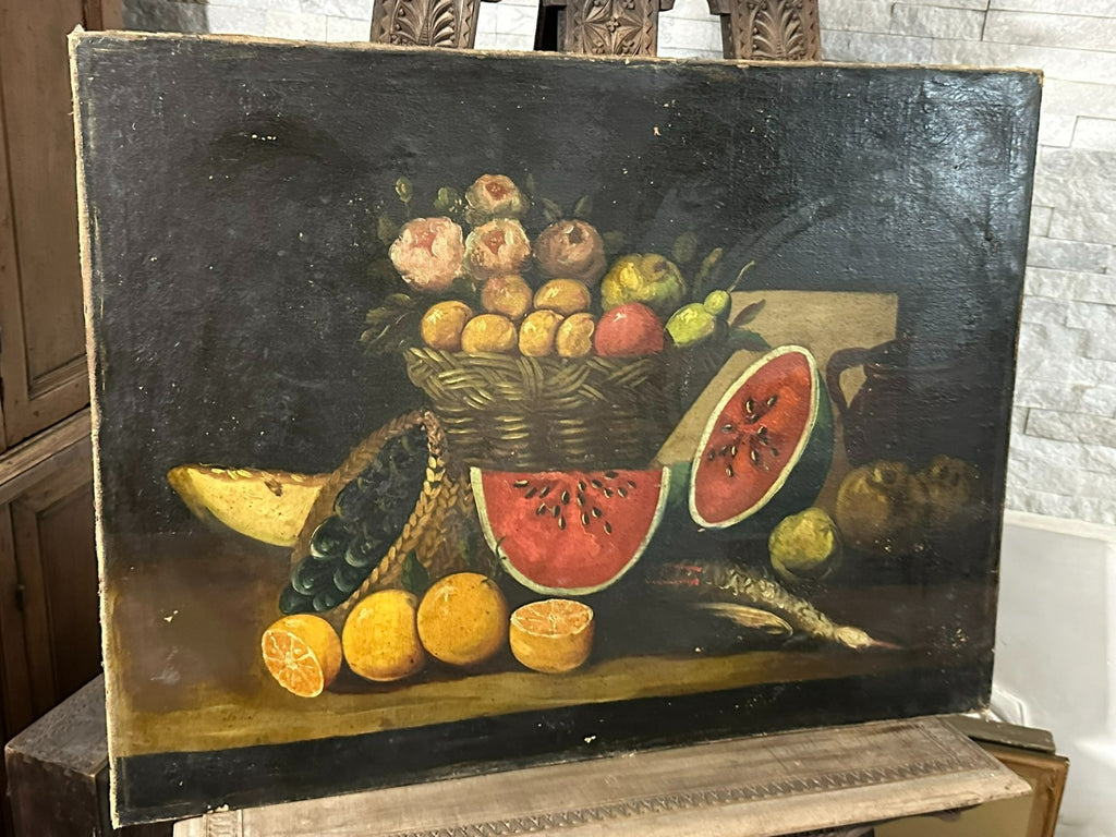 Antikes Ölgemälde Stillleben mit Vogel und Obst