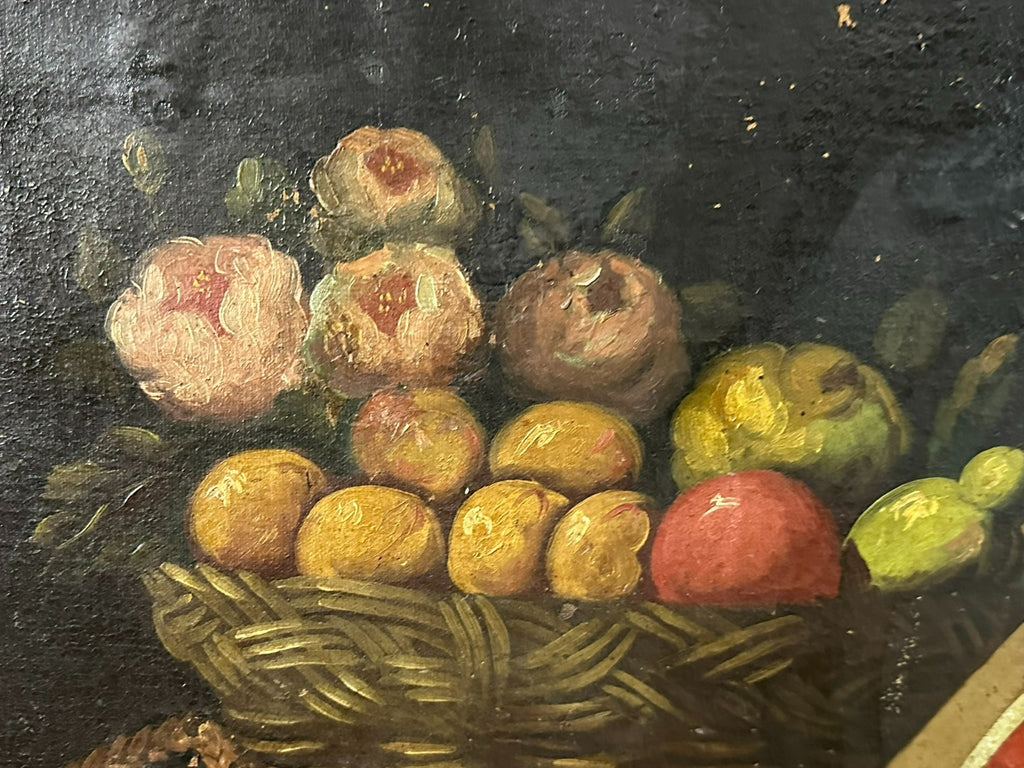 Antikes Ölgemälde Stillleben mit Vogel und Obst