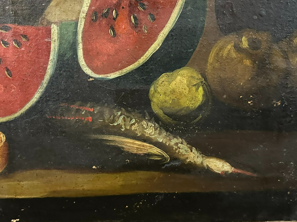 Antikes Ölgemälde Stillleben mit Vogel und Obst
