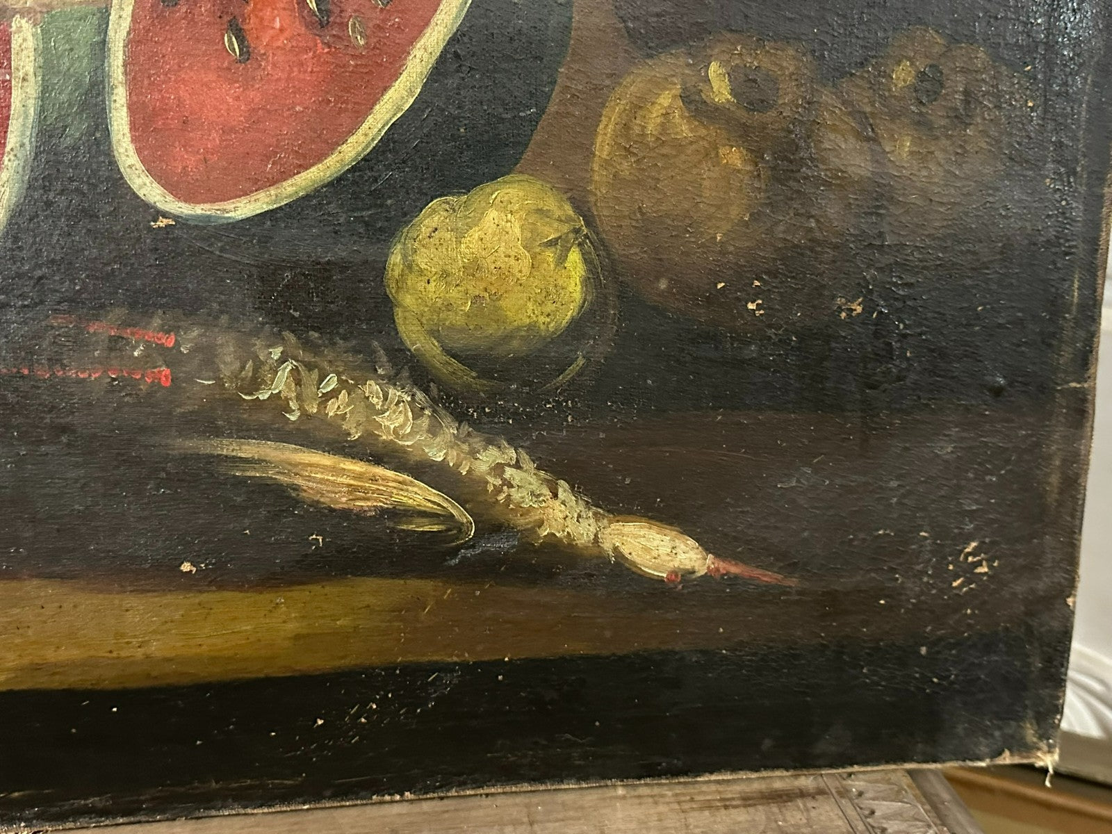 Antikes Ölgemälde Stillleben mit Vogel und Obst
