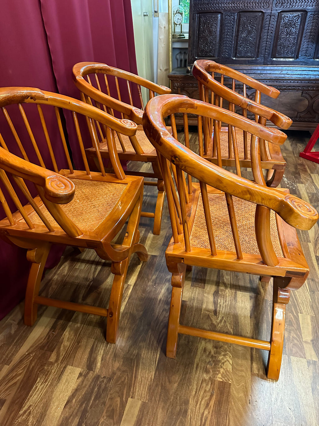 4x antiker Stuhl China Holz und Rattan um 1910 restauriert Vier antike Stühle