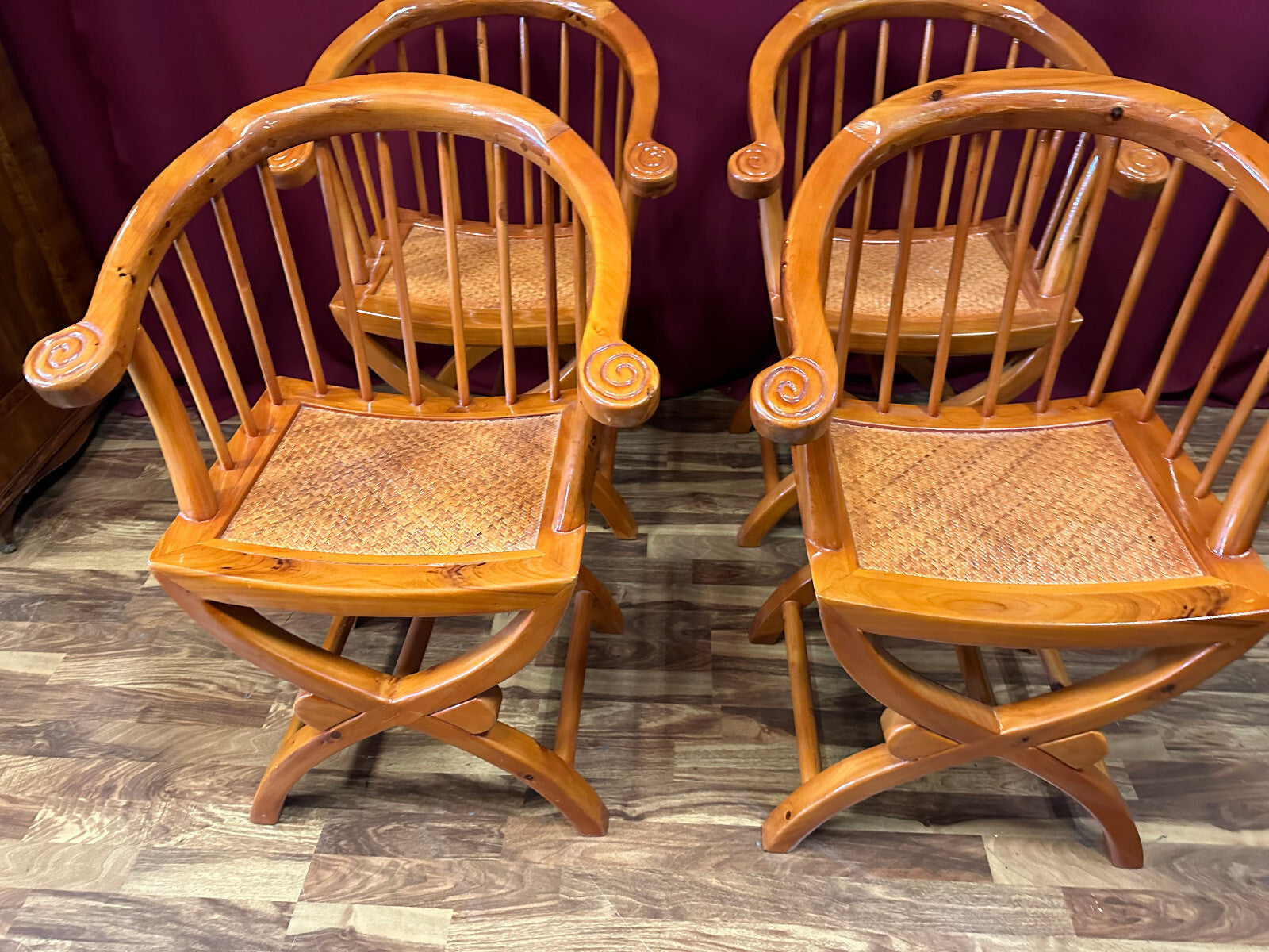 4x antiker Stuhl China Holz und Rattan um 1910 restauriert Vier antike Stühle