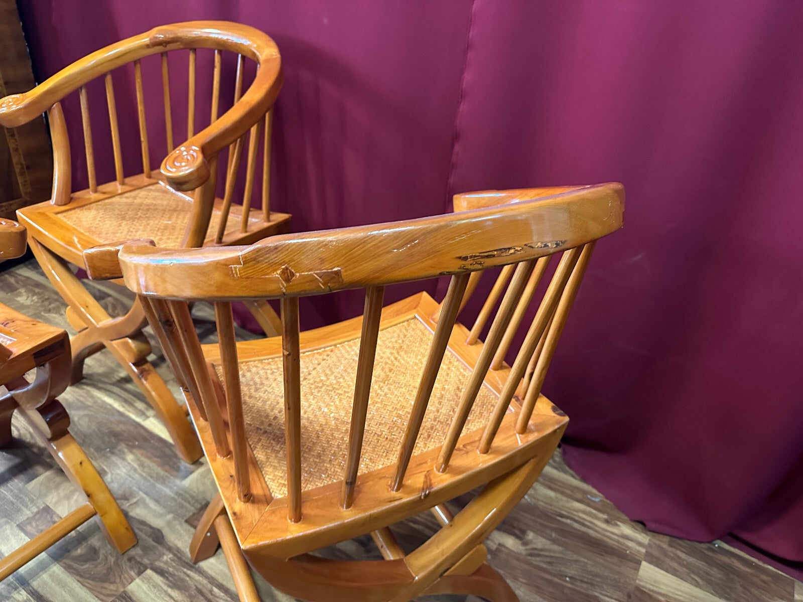 4x antiker Stuhl China Holz und Rattan um 1910 restauriert Vier antike Stühle